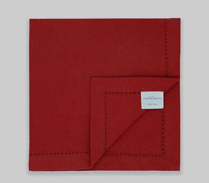 PurpleEssences Set of 12 Hemstitch Cloth Dinner Napkins 100% Cotton - Soft Durable Washable - Ideal for Wedding Fall Thanksgiving - Perfect Everyday Use Table Linen 18x18 - Red