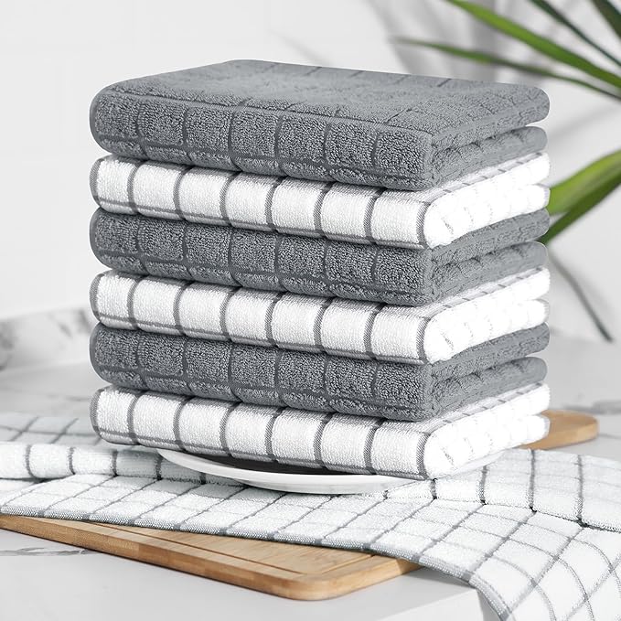 Homaxy Premium Cotton Kitchen Towels 16"x 28", Large Natural Ring Spun 390 GSM Dish Towels, Super Absorbent Terry Kitchen Hand Towels, Soft Tea Towel with Hanging Loop, Grey Check Design, 6 Pack