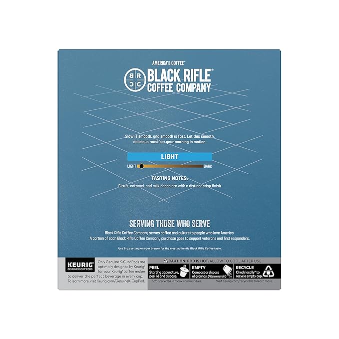 Black Rifle Coffee Company Silencer Smooth, 32 Count, Light Roast K Cups - Single Serve K Cups Coffee Pods - Kcup Pods Compatible with Keurig 1.0 & 2.0 - Made from Arabica Beans