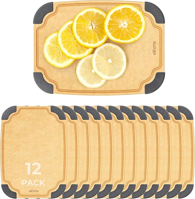 Elihome essential Series Wood Fiber Cutting Board for Kitchen, 12pcs Pack, Knife Friendly, Dishwasher Safe, Non-Slip Feet, Juice Groove, Reversible, Non-Porous, Eco Friendly, 10"x 7" SMALL