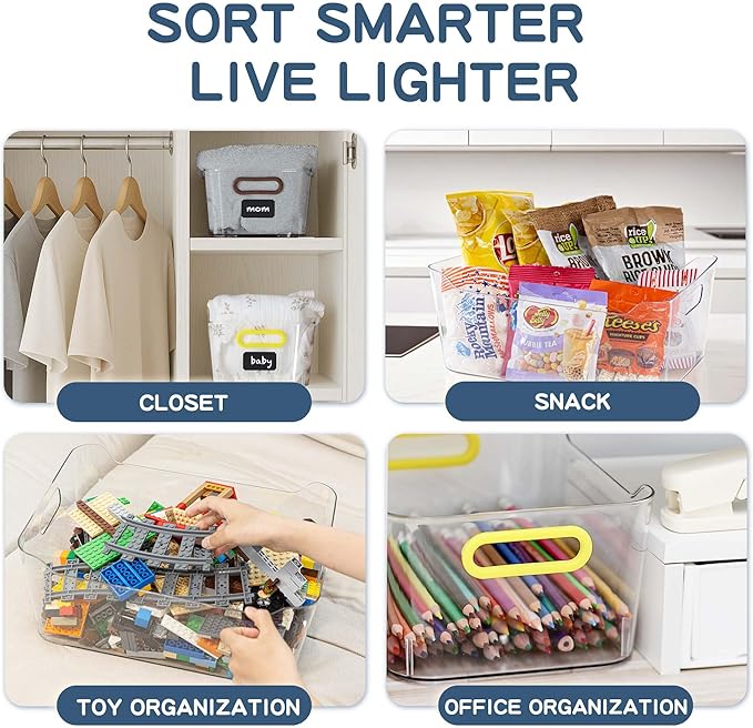 Clear Plastic Storage Bins 8 Pack with 16 Soft Silicone Handles, Organizer Bins for Home & Kitchen, Storage Containers for Pantry, Fridge, Laundry, Bathroom, Classroom