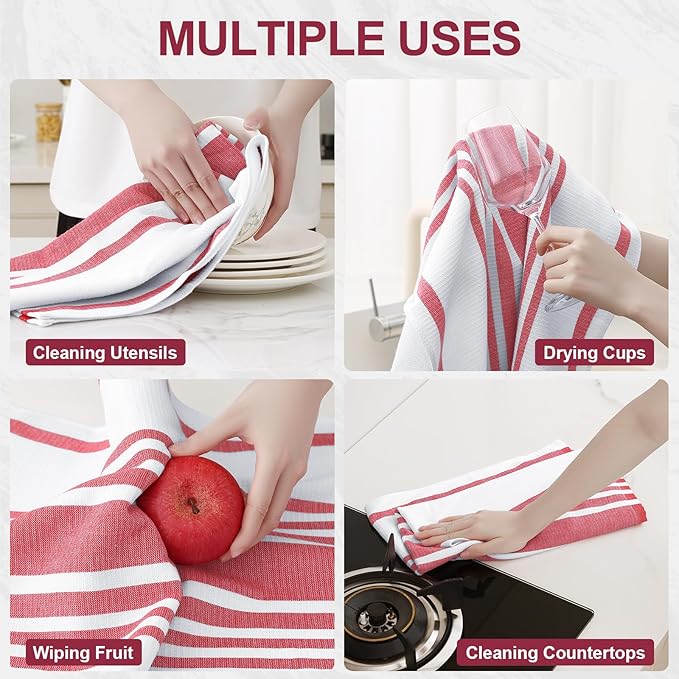 Homaxy Premium Kitchen Towels 18”x 28”, Large Cotton 380 GSM Kitchen Hand Towels, Stripe and Terry Dish Towel, Highly Absorbent Tea Towel Set with Hanging Loop, 6 Pack, Red