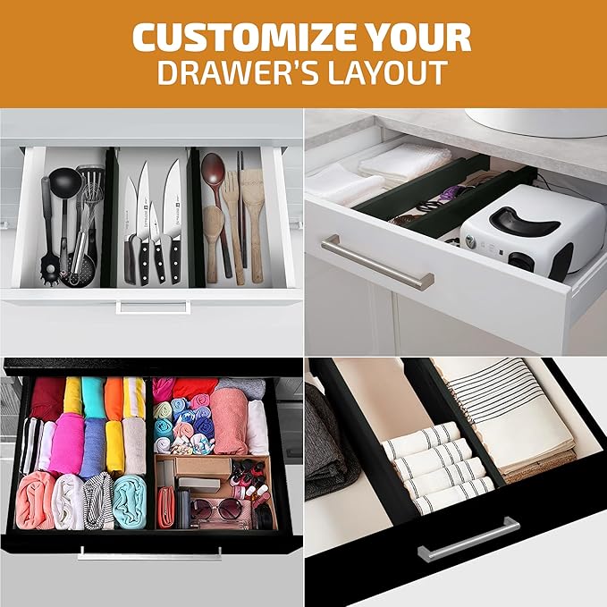 4 Pack Drawer Dividers Bamboo 2.6" High, 16-22" Adjustable Drawer Organizers for Clothes, Expandable Dresser Separators in Bedroom/Bathroom/Kitchen/Office Organization and Storage (Black)