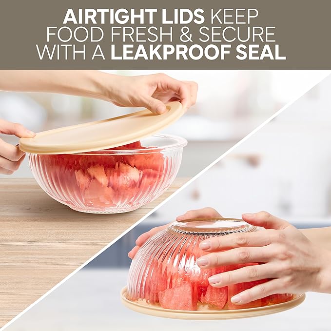 COOK WITH COLOR 12 Pc Glass Mixing Bowl Set with Lids – Borosilicate Glass Nesting Bowls for Cooking, Baking and Meal Prep, Fluted Brown