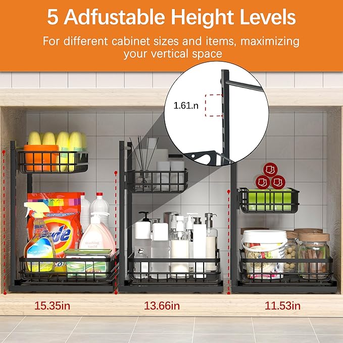 Under Sink Organizer, Adjustable Height Pull-Out Kitchen Storage Organization,15.8" x 11.8" x 16.5",2-Tier Kitchen Shelf,Bathroom Drawer Organizer, Black