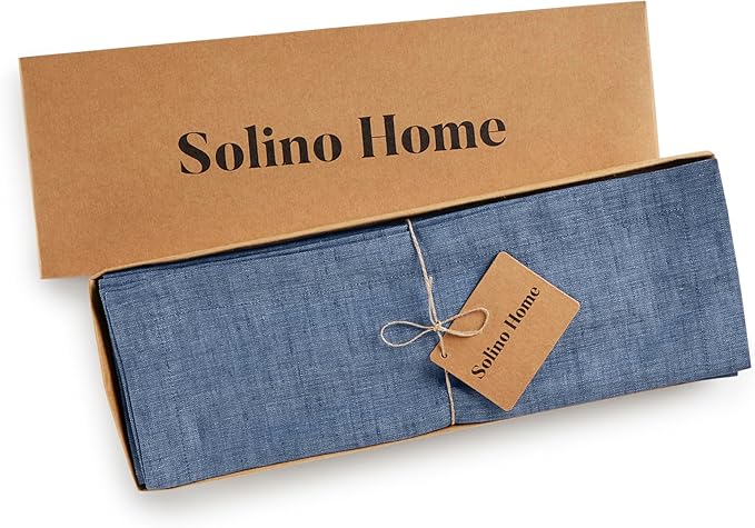 Solino Home Linen Cloth Placemats Set of 4-100% Pure Linen Blue Denim Placemats 14 x 19 Inch for Thanksgiving - Athena