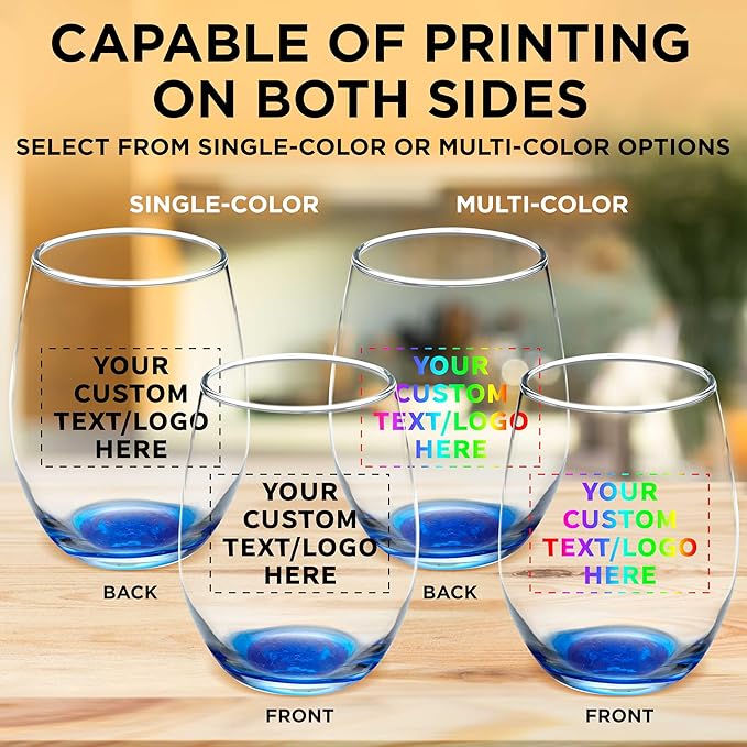 Custom Stemless Wine Glass 9 oz. Set of 50, Personalized Bulk Pack - Great for Wedding Favors, Bachelorette Party Decorations, Party Favors, Color Bottom - Blue