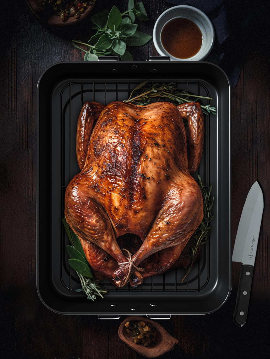 CHEFMADE Large Roasting Pan, 16-Inch Turkey Roasting Pan with V Rack, Nonstick Baking Pan for Lasagna Vegetable and Meat 16.3" x 12.52" x 3.11"