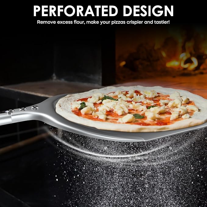 Pizza Peel – 12'' Extra Long Aluminum Perforated Launch Placement Retrieving Peel – Metal Hanging Hook – Lightweight Turning Peel – Non-stick Pizza Paddle – Outdoor Pizza Oven Accessories