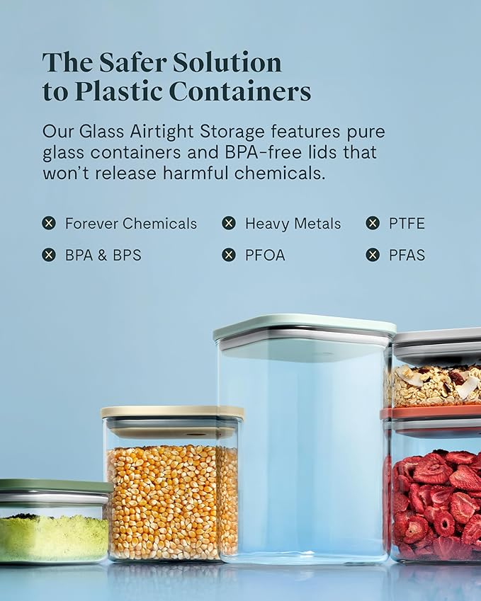 Caraway 2.5qt Glass Airtight Food Storage Container with Lid – Non-Toxic, BPA-Free Kitchen Storage Container – Stackable, Space-Saving Airtight Container for Dry Goods and More - Sage