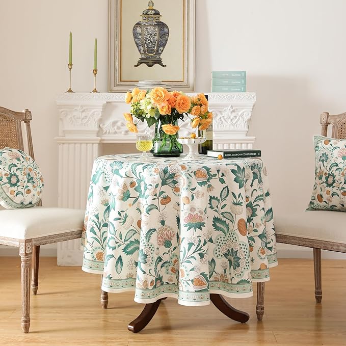 patdrea Designer French Table Cloth for Round Tables,Vintage Italian Floral Tablecloth,Country Summer Linen Tablecloth,Wrinkle Free Table Cover for Kitchen Dining,Christmas,Diameter 67"