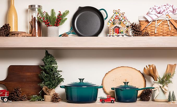 Larder & Vine 9 Piece Enameled Cast Iron Cookware Set, Oven Safe and Compatible with all Cooktops – includes 3.6 Qt Braiser, 5.7 QT and 8 QT Dutch Ovens, 10.25in Skillet and 2.2 QT Saucepan (Bondi)