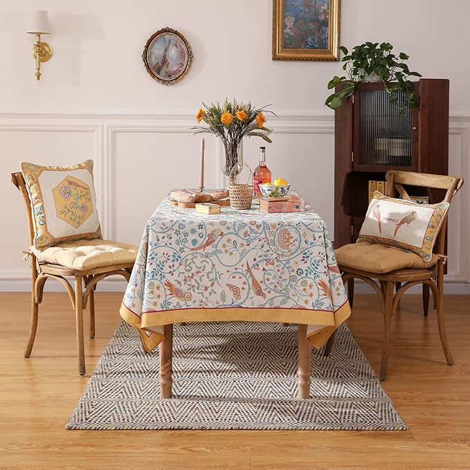 patdrea Designer Yellow French Spring Summer Tablecloth,Rustic Linen Floral Birds Pattern Table Cloth for Rectangle Tables,Decor Table Cover for Kitchen Dining Banquet,Christmas,63"*110"