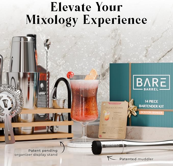 BARE BARREL® Mixology Bartender Kit Bar Set | 14-Piece Cocktail Shaker Set | Martini Barware Mixing Tools for Home Bartending | 35 Recipe Cards | Gift Set (28oz Boston Shaker, Silver/Natural)