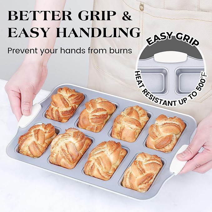 1 Pc Mini Loaf Pans for Baking 8 Cavity Nonstick Small Bread Pans Carbon Steel Tiny Meatloaf Tin with Handles (Cream)