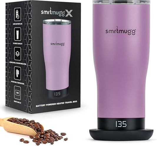 X Heated Coffee Mug 19 oz., 8 Hour Battery Life, Self-Heating, Adjustable Temp Controlled, LCD Screen, Includes Cover with Magnetic Slider (Black) (Lilac)