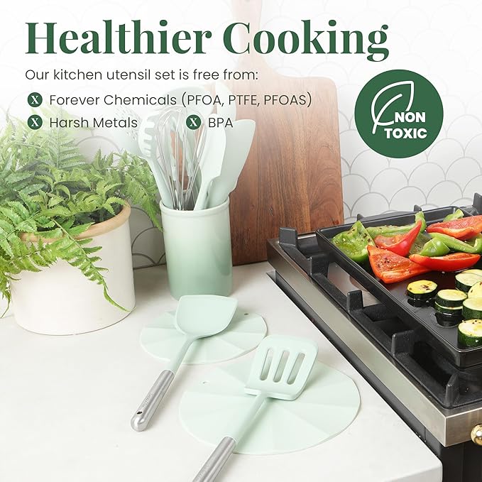 Larder & Vine 12-Piece Silicone Kitchen Cooking Utensils Set with Stainless Steel Handle and Ceramic Holder, Dishwasher Safe Set of Kitchen Essentials (Sage)