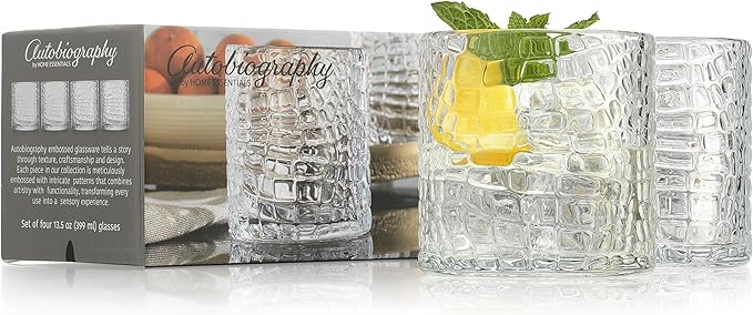 Glaver's DOF Set of 4 Clear 13oz Drinking Glasses Crackle Textured Design Double Old Fashioned Whiskey Glasses Home Everyday Bar Glassware