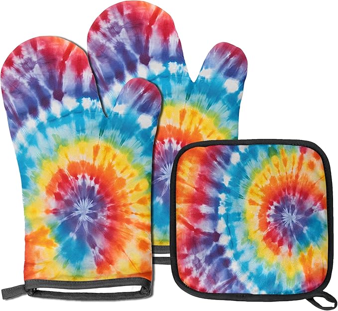 Oven Mitts Pot Holders Set 3 for Kitchen, Abstract Tie Dye Insulation Oven Gloves Heat Resistant Pot Pads Cook Essentials Accessories for BBQ Baking Cooking Kitchen Decor Gifts for Women