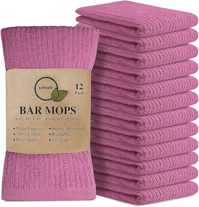 Softolle Bar Mop Towels, Pack of 12-16x19 Inches - 100% Cotton Super Absorbent Towels, Multi-Purpose for Home and Bar Cleaning (Purple Ash)