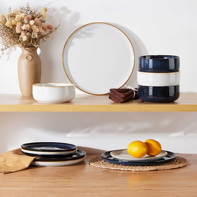 Herogo 12-Piece Stoneware Dinnerware Set for 4, Dinner Plates and Bowls Sets, Double Reactive Glaze Dishware Place Setting for Kitchen, Scratch Resistant, Microwave Safe, Ivory White & Starry Blue