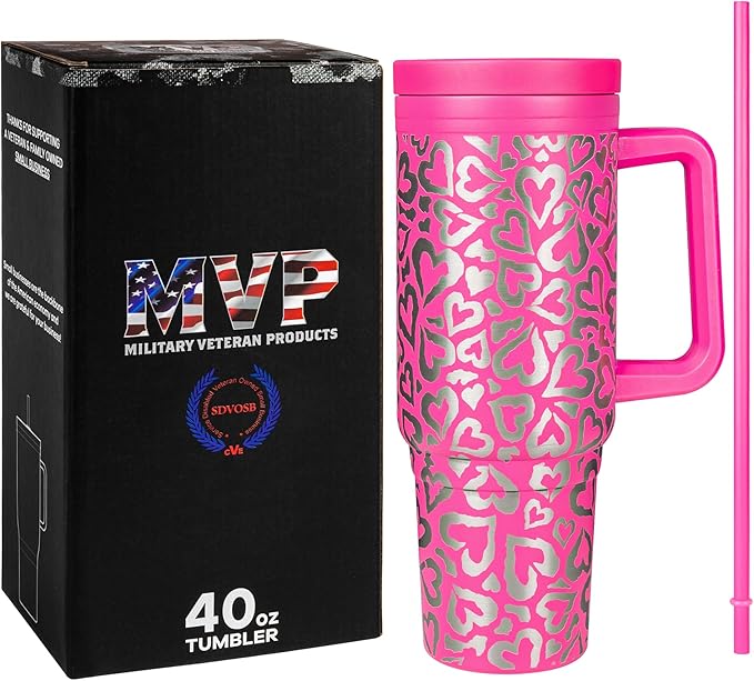 Pink Leopard 40oz Insulated Tumbler with Handle, Lid & Straw - Heart & Leopard Pattern Engraved, Unique Gift for Her| Disabled USMC Vet Owned SMALL Business