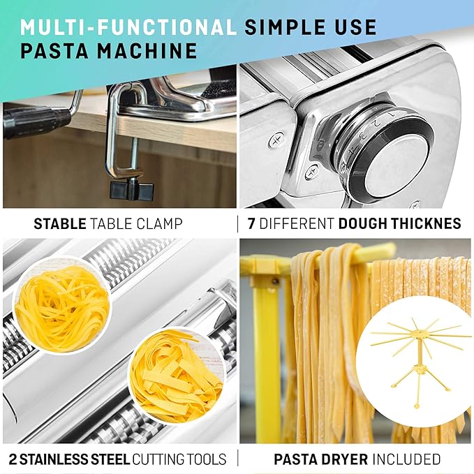Manual Pasta Maker with Dryer - Multi-Pasta Stainless Steel Italian Flat Dough Machine with Adjustable Setting, Sharp Cutter, and Hand Crank - Fresh Homemade Noodles, Spaghetti, Lasagne | By VeoHome…