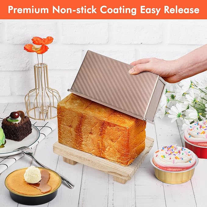 Beasea Pullman Loaf Pan with Lid, 1 Pack Non-Stick 1 lb Carbon Steel Bread Toast Box Baking Cake Mold with Cover for Homemade Bread Oven Baking - Rose Gold