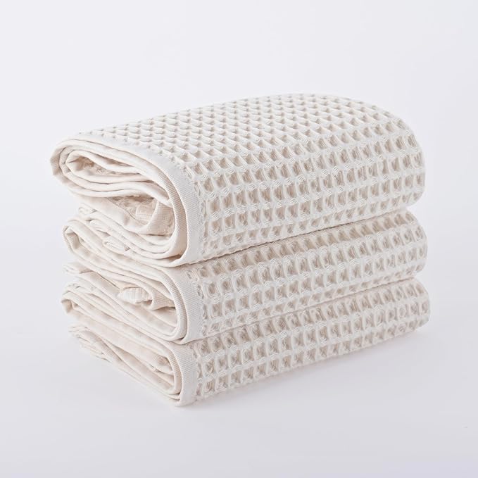 PÜSKÜL Waffle Kitchen Towels - Premium 100% Turkish Organic Cotton Ultra Soft Quick Dry Absorbent Lint Free Hand Dish Towel 32X16 Inches (3, Natural Beige)