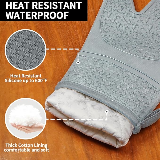 Hovico Silicone Oven Mitts, Heat Resistant 500F Kitchen Mitts 2PCS, 11.6" BPA-Free Soft Baking Gloves, Non-Slip Grip Oven Gloves with Soft Cotton Lining for Kitchen Cooking Baking BBQ - Gray