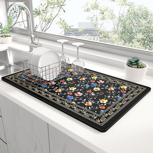 Rnivvi Dish Drying Mat for Kitchen Counter, XL 15 x 24" Cute Flower Theme Super Absorbent Drainer Pad, Non-Slip Heat Resistant Coffee Bar Mat for Coffee Machine Station Accessories,Retro Dish Rack Pad
