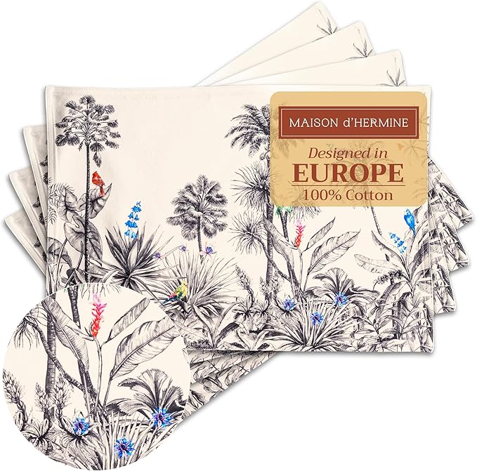 Maison d' Hermine Placemats Set of 4 100% Cotton Washable Cloth Place Mats, Reusable Table Mats for Thanksgiving Christmas Decorations Kitchen Dining Party Wedding Restaurant (Amazonia, 13" x 19")