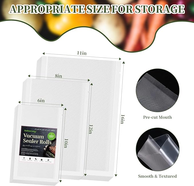 Vacuum Sealer Bags For Food,150 Quart 11"x16"and Quart 8"x12"and Pint 6"x10"，Commercial Grade BPA Free Bag, Durable Customized Size Food Vac Bags for Storage and Sous Vide Cooking，Puncture Prevention