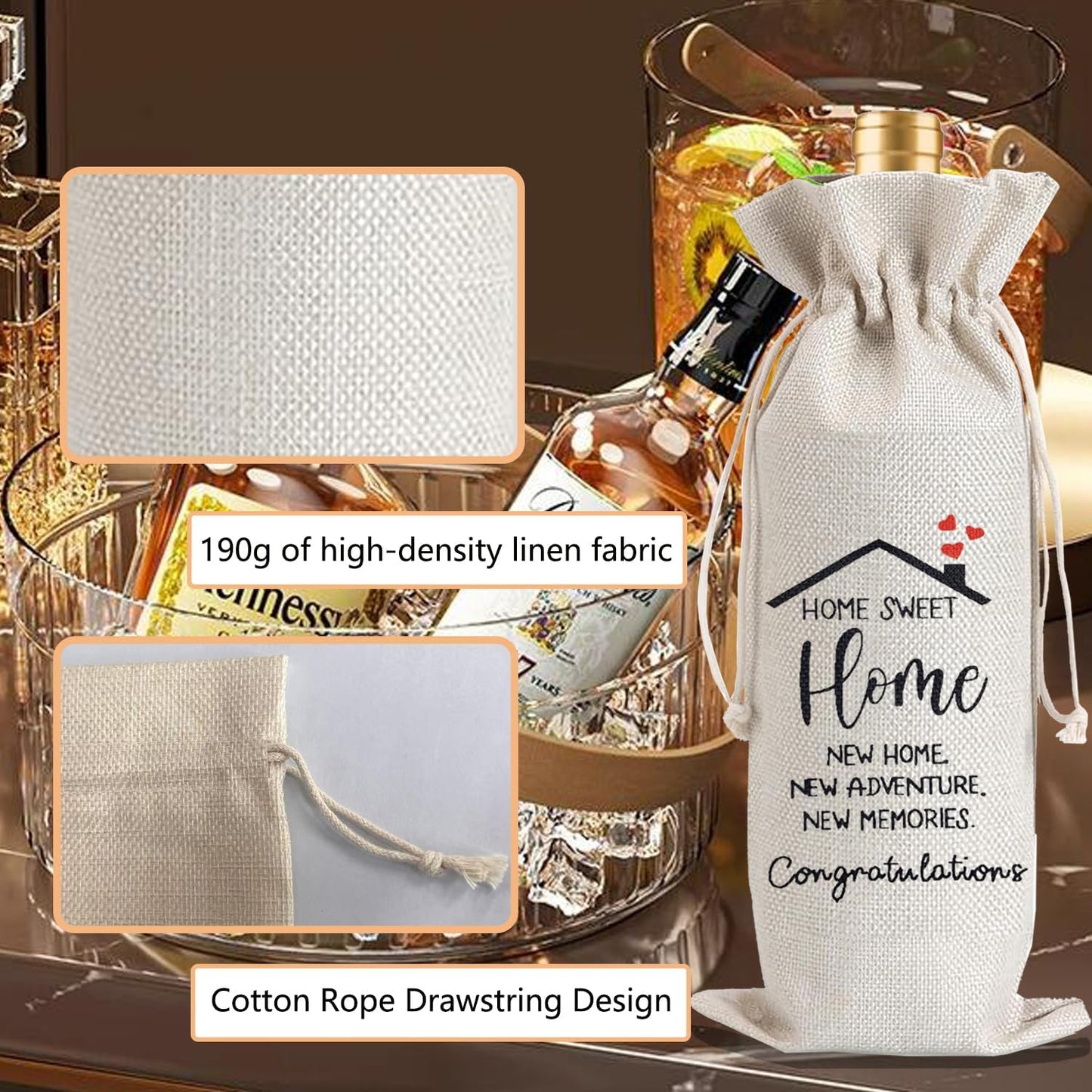 Julont 1Pcs Housewarming Gifts New Home Wine Bag,Perfect Gifts for New Homeowners, Realtor Gift to Clients,New Home Wine Bag For Friends, with 1Pcs Kraft Blessing Cards and natural jute rope