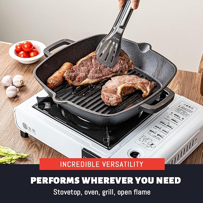 10 Inch Cast Iron Grill Pan & Skillet, Pre-Seasoned Stovetop Griddle Pan with Dual Handles for Indoor Cooking, Frying, Grilling, Searing Steak & Meat on Gas, Electric, Induction Cooktops