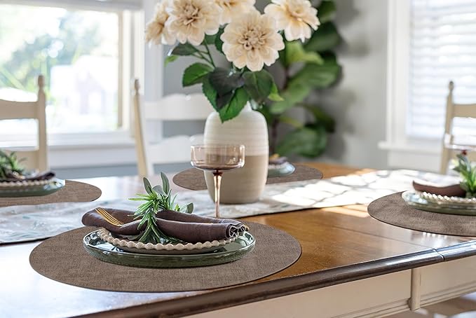 homing Round Faux Leather Placemat and Coaster 4 Packs, Washable Heat Resistant Dining Place Mats, Wipeable Double-Sided Table Mats for Indoor and Outdoor, Diameter 13 and 3.93 inch, Brown