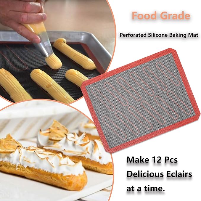 Perforated Silicone Baking Mats, 2 PCS Eclair Silicone Mat for Half Sheet with 12 Printed Oblong Eclair Guides, Non-Stick Reusable Oven Liners for Making Bread/Pizza/Pastry/Cookie 11-4/5" x 15-3/4"