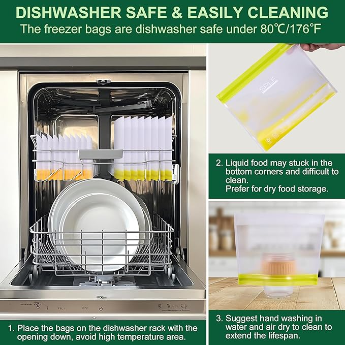 SPLF 10 Pack Stand-Up Reusable Food Storage Bags Dishwasher Safe, BPA Free Reusable Freezer Bags, Extra Thick Leakproof for Meal Prep, Sandwich, Bread, Veggies - 3 Gallon 4 Quart 3 Snack