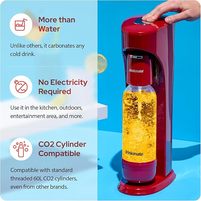 Drinkmate OmniFizz Sparkling Beverage Maker CO2 Bundle - Sparkling Water/Soda Streaming Machine That Carbonates Any Drink - Includes 4 CO2 Cylinders, 1 Carbonation Bottle, 1 Fizz Infuser - Royal Red