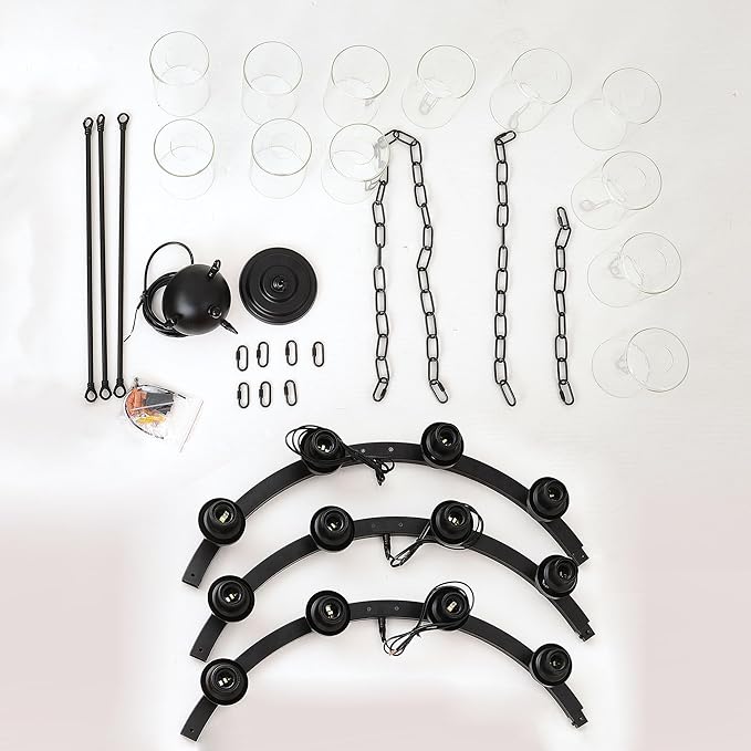 32“ Black Wagon Wheel Chandelier, 12-Light Farmhouse Glass Pendant Lights Kitchen Island Round Hanging Lighting fixtures Ceiling for Living Room, Dining Room, Kitchen Island, Entryway, Foyer