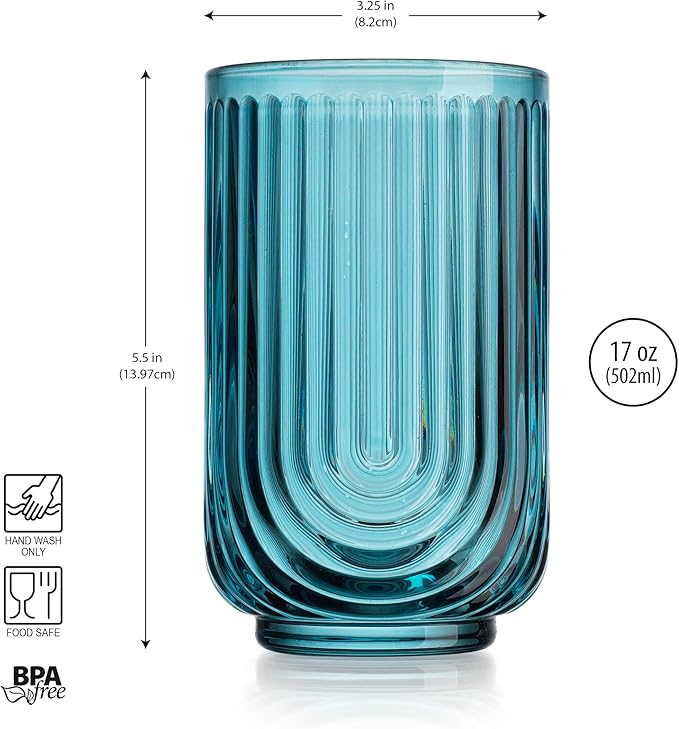 Glaver's Vintage Glassware Art Deco Highball Glasses Set of 4 Blush Ribbed Drinking Glasses 17 Oz U-Shape Arch Design Colored Cocktail Kitchen Tumblers Everyday Dinner Decorative Party, Blue