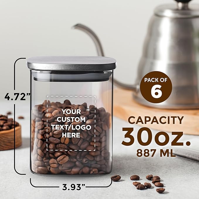 DISCOUNT PROMOS Custom Branson 30 oz. Square Storage Jars Set of 6, Personalized Bulk Pack - Durable Kitchen Organization, Home Decor Essentials, Food Storage Solutions - Clear