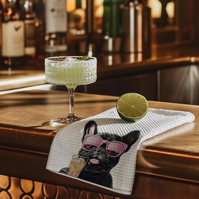 Cabana Bro Funny Cocktail Black French Bulldog Kitchen Towels, Gifts for French Bulldog Lovers, Frenchie Gifts Dish Tea Hand Towels for Kitchen Bar Cart Decor, Bar Towel for Bartender, 16x24 Inches