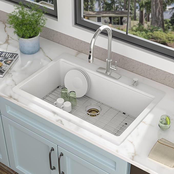 33"x22" Granite Composite Kitchen Sink Drop In – White Quartz Classic Ledge Workstation Topmount Single Bowl Sink Basin