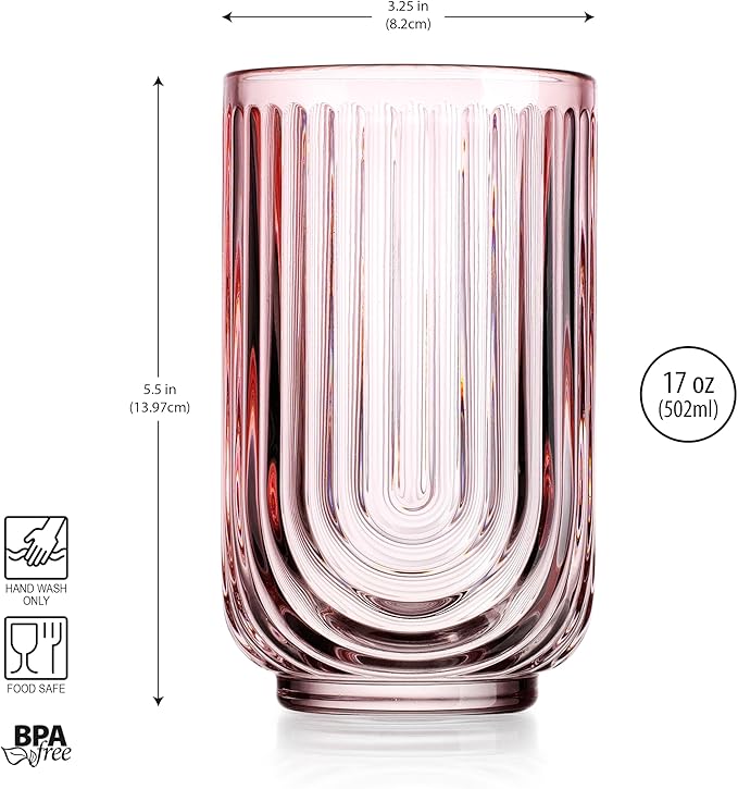 Glaver's Vintage Glassware Art Deco Highball Glasses Set of 4 Blush Ribbed Drinking Glasses 17 Oz U-Shape Arch Design Colored Cocktail Kitchen Tumblers Everyday Dinner Decorative Party, Pink