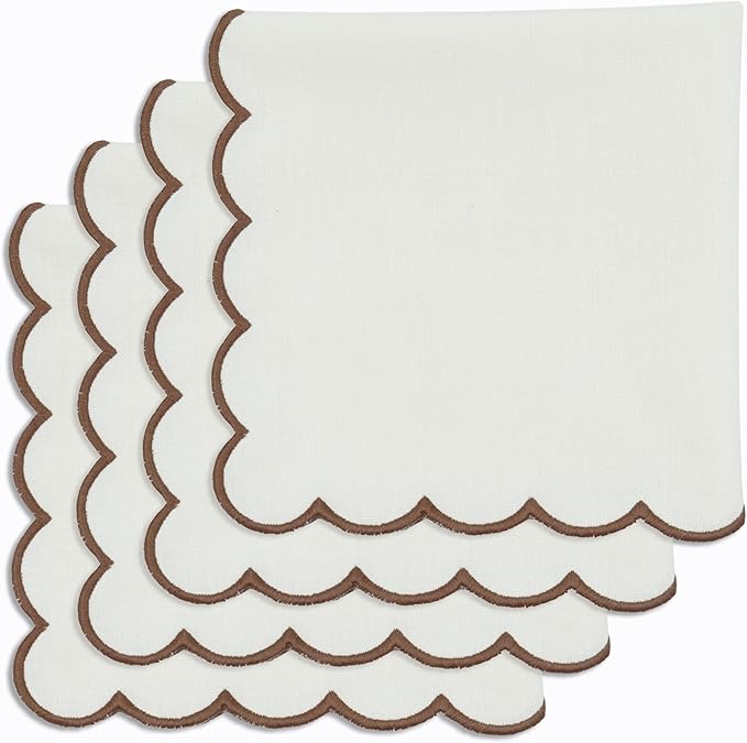 PurpleEssences Scalloped Embroidery Cloth Napkins Christmas Holiday Winter Table Decor 100% Cotton Set of 4-18 x 18 inch - Beige - Edges - Brown