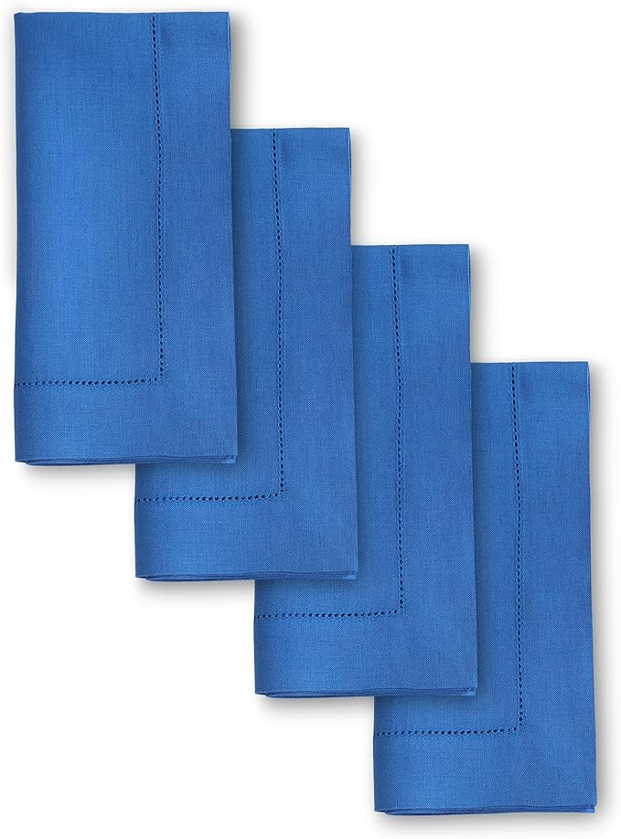 Solino Home Linen Napkins Set of 4 - Classic Hemstitch 100% Pure Linen Royal Blue Dinner Napkins Cloth 20 x 20 Inch - Handcrafted and Machine Washable - Holiday, Winter, Christmas