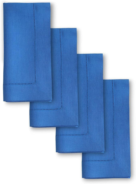 Solino Home Linen Napkins Set of 4 - Classic Hemstitch 100% Pure Linen Royal Blue Dinner Napkins Cloth 20 x 20 Inch - Handcrafted and Machine Washable - Holiday, Winter, Christmas