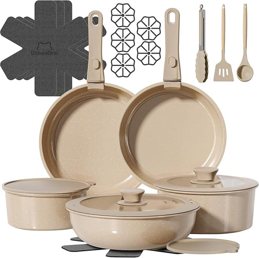 23 Pcs Pots and Pans Set Non Stick, Ceramic Cookware Set Non Toxic with Detachable Handles, Healthy Induction Cookware Oven Safe RV Kitchen Set, PFAS PFOA & PTFE Free, Taupe