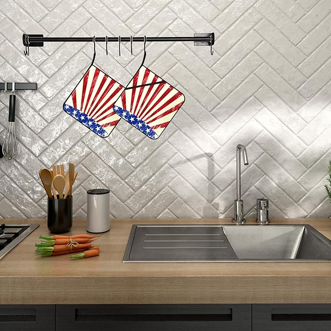 4th of July Grunge American Flag Pot Holders Set of 2 Oven Hot Pads Pot Holders for Cooking Baking BBQ Gifts for Women